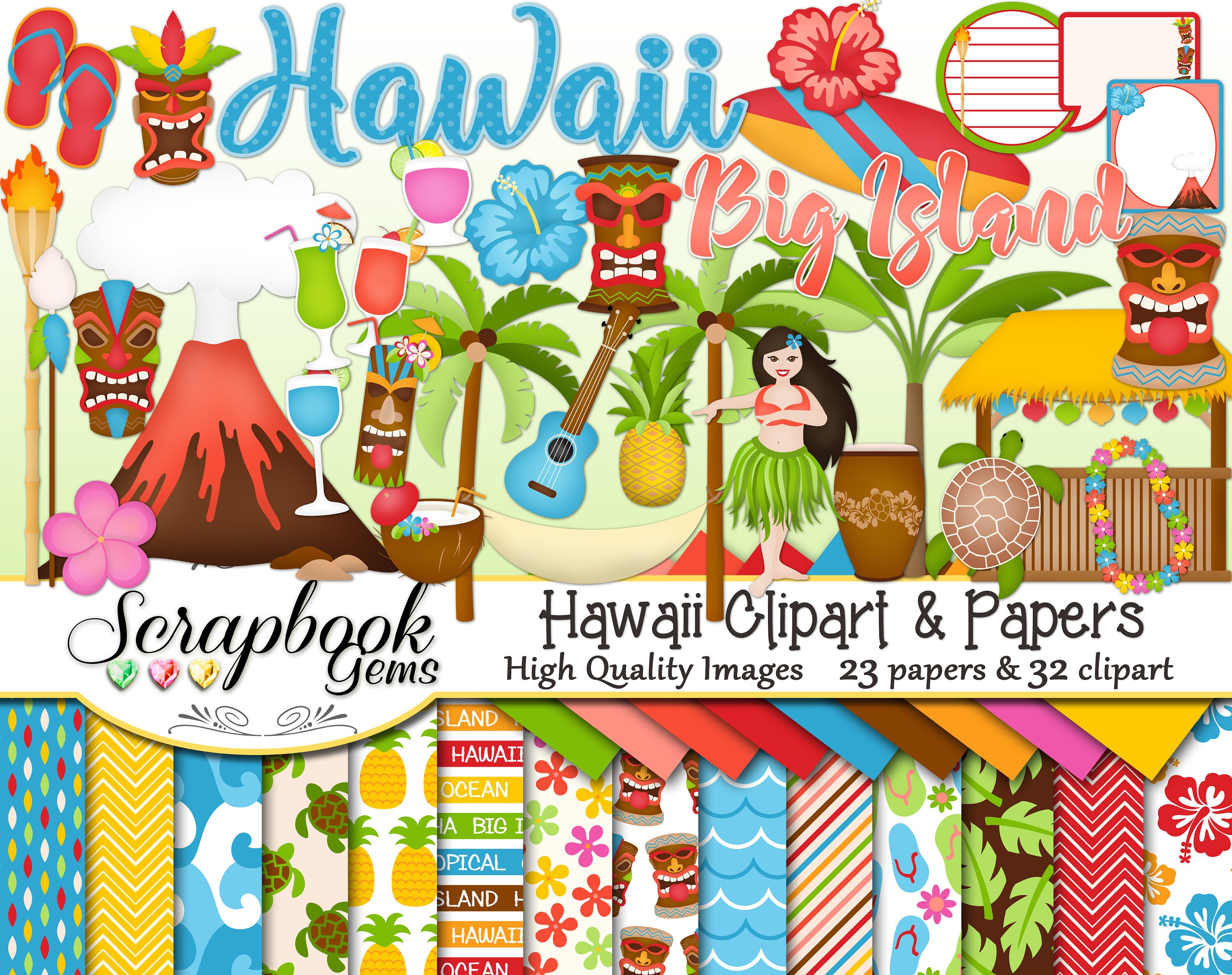 HAWAII Clipart and Papers Kit, 32 png Clip arts, 23 jpeg Papers Insta…
