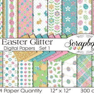 Digitala påskglitterpapper, set 1, 24 delar, 30 x 30 cm, högkvalitativa JPEG-filer, direkt nedladdning, kommersiellt bruk, scrapbook, vår