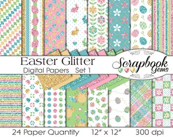 Easter Glitter Digital Papers SET 1,  24 Pieces, 12" x 12", High Quality JPEG files Instant Download Commercial Use Scrapbook springtime