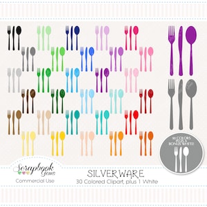 May include: A collection of colorful silverware clipart in various shades, including black, gray, green, blue, purple, pink, and orange. Each set includes a fork, knife, and spoon. The image also includes the text "SILVERWARE".
