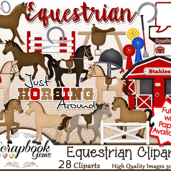 EQUESTRIAN Clipart, 27 png Clipart files Instant Download stable fence rails horse horseback riding mare stallion crop boots horseshoe first