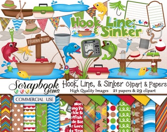 Hook, Line, & Sinker Clipart and Papers Kit, 29 png Clip Arts, 21 jpeg Papers Instant Download fishing rod reel fish nature pond boat water