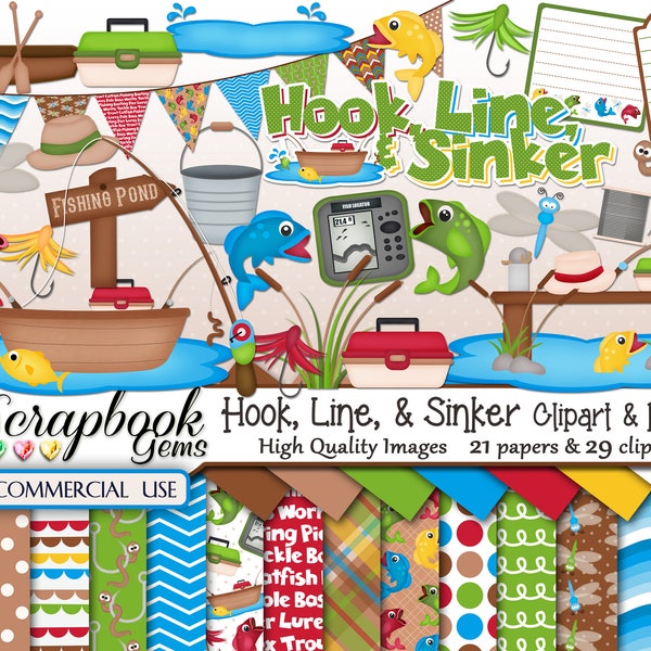Hook, Line, & Sinker Clipart and Papers Kit, 29 png Clip Arts, 21 jpeg Papers Instant Download fishing rod reel fish nature pond boat water