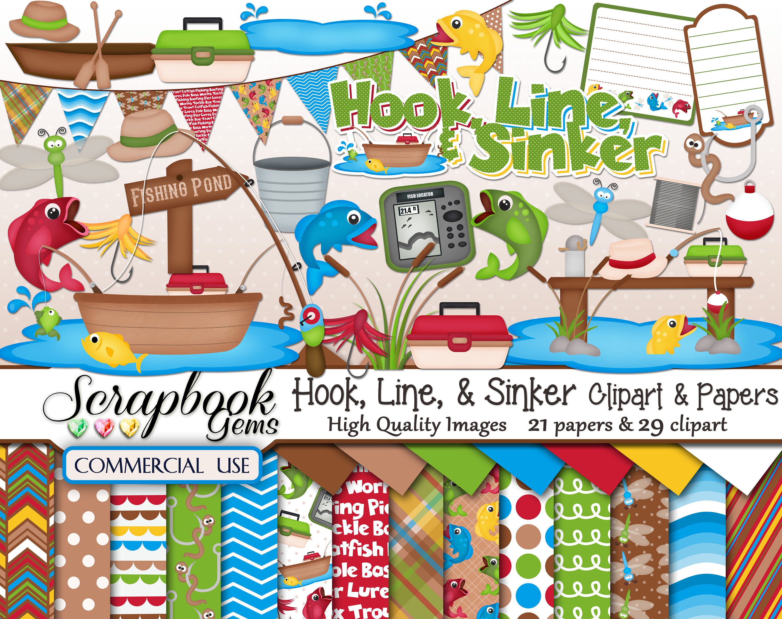 Hook, Line, & Sinker Clipart and Papers Kit, 29 Png Clip Arts, 21 Jpeg  Papers Instant Download Fishing Rod Reel Fish Nature Pond Boat Water 
