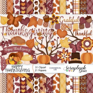 JOYEUX THANKSGIVING Clipart et kit de papiers, 31 fichiers clipart png, 21 fichiers papier jpeg, téléchargement immédiat, dinde, automne, automne, corne d'abondance, feuille