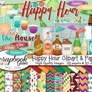 HAPPY HOUR Clipart en Papers Kit, 37 png Clip Arts, 23 jpeg Papers Instant Download drank alcohol whisky wijn champagne bier rum vat