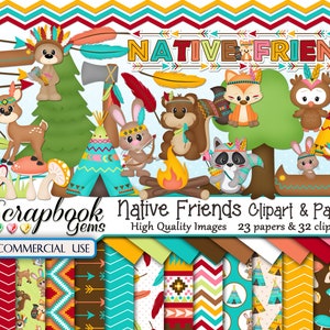 Puede incluir: Una colección de arte digital titulada "Native Friends" con animales de dibujos animados con atuendos de inspiración nativa americana. La imagen incluye una variedad de imágenes prediseñadas, como tipis, flechas y criaturas del bosque, junto con papeles estampados. El texto "COMMERCIAL USE" también es visible.