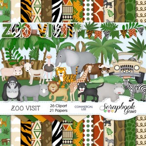 VISITA DELLO ZOO! Kit Clipart e documenti, 26 file clipart png, 21 file cartacei jpeg, download immediato gorilla elefante giraffa tigre leone ippopotamo rinoceronte