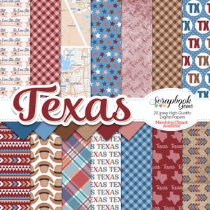 Papeles digitales del estado de Texas, 20 piezas, 12" x 12", JPEG de alta calidad, descarga instantánea, sombrero de vaquero, mapa de la ciudad de Texas, sur, rodeo, estrella