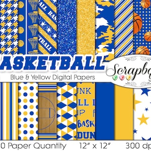 Baloncesto Digital Papers Azul, Amarillo, & Blanco, 20 Piezas, 12" x 12", JPEGs de alta calidad, Descarga Instantánea Uso Comercial Deportes Glitter