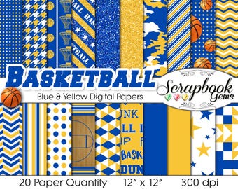 Basketball Digital Papers Blue, Yellow, & White, 20 Pieces, 12" x 12", High Quality JPEGs, Instant Download Commercial Use Sports Glitter