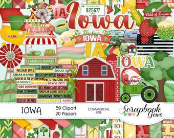 Kit de imágenes prediseñadas y documentos de IOWA, 59 imágenes prediseñadas en formato png, 20 documentos en formato jpeg, descarga instantánea, Estados Unidos, tallo de maíz, campos, tractor, molino de viento, granja