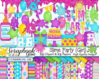 SLIME PARTY (Girl) Clipart & Papers Kit, 29 png Clipart files, 24 jpeg Paper files, Instant Download, birthday, gooey, glitter, grossology