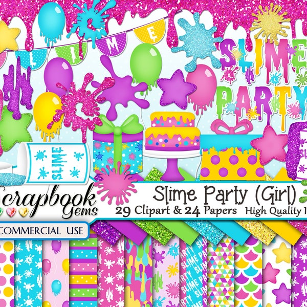 SLIME PARTY (Girl) Clipart & Papers Kit, 29 fichiers clipart png, 24 fichiers papier jpeg, Téléchargement instantané, anniversaire, gluant, paillettes, grossologie