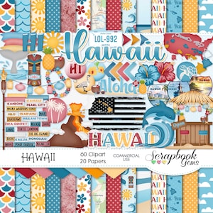 HAWAII Clipart und Papiere Kit, 60 png Clip Arts, 20 jpeg Papiere Sofortiger Download USA, Wellen, Tiki, Vulkan, Delfine, Meere, Ozeane