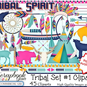 Può includere: Un set di 45 immagini clipart a tema tribale in una vivace tavolozza di colori turchese, rosa, giallo e blu navy. Le immagini includono un acchiappasogni, piume, frecce, un teepee, una canoa, un lupo, un bufalo, un cervo, un orso e una bussola. Il testo "Tribal Set #1 Clipart" si trova nella parte inferiore dell'immagine.