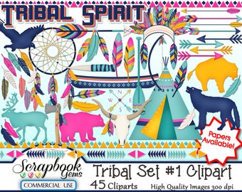 TRIBAL SET #1 Clipart, 45 png Clipart files Instant Download indian tribal aztec teepee feathers buffalo tomahawk coyote bow arrow native