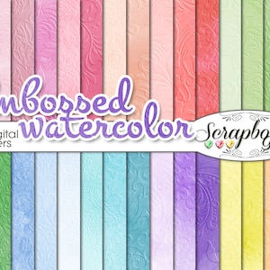 May include: A set of 30 digital scrapbook papers featuring embossed watercolor designs in various pastel colors. The papers have a delicate floral pattern and are perfect for crafting and scrapbooking projects.
