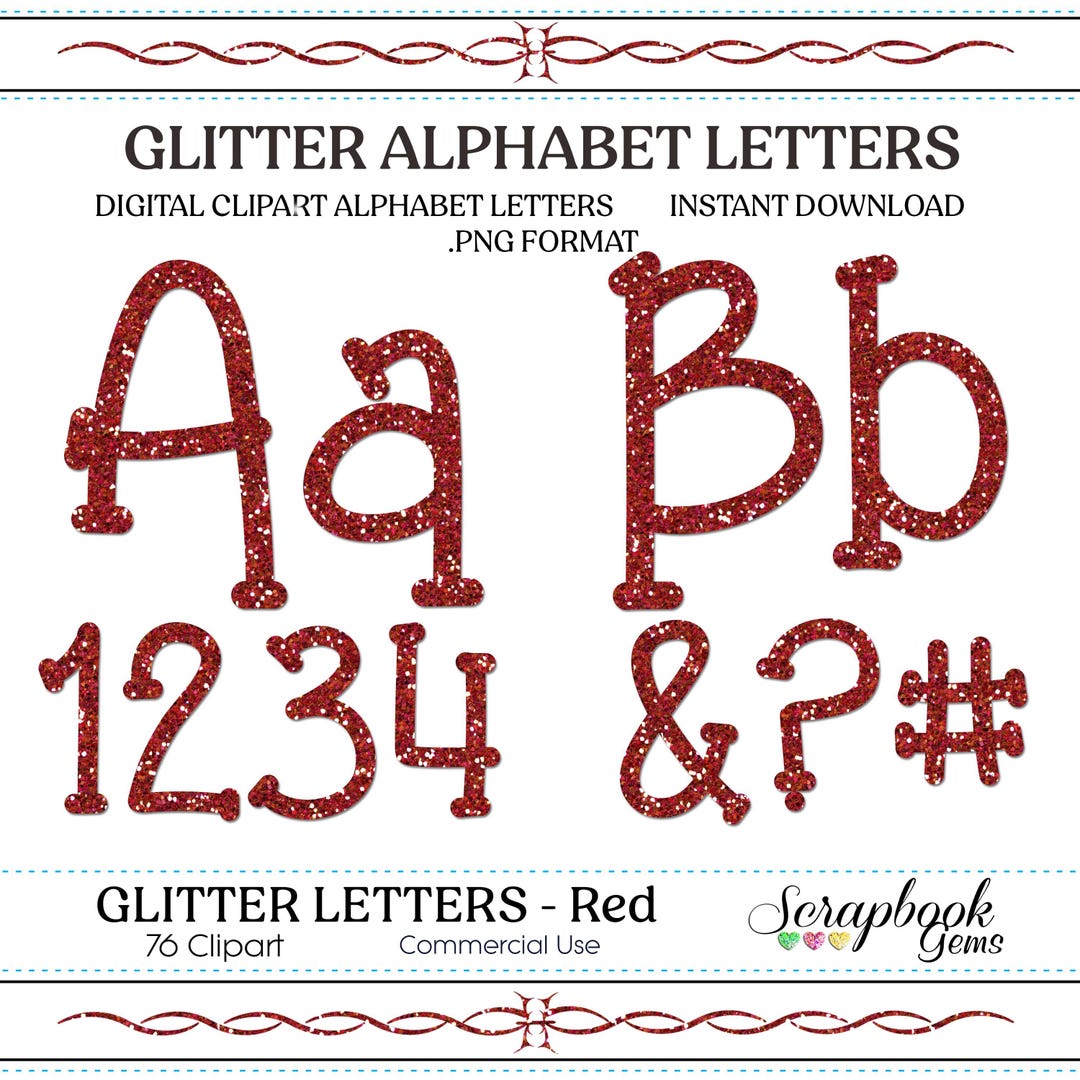 Red Glitter Letters & Numbers Digital Clipart, 76 High Quality PNG ...
