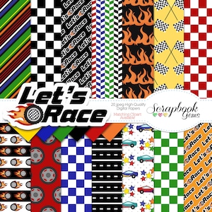 LET'S RACE Digitale Papers, 20 stuks, 12" x 12", Hoge kwaliteit JPEG's, Instant Download, raceauto, geblokte vlag, straatlantaarn, racen, vlam