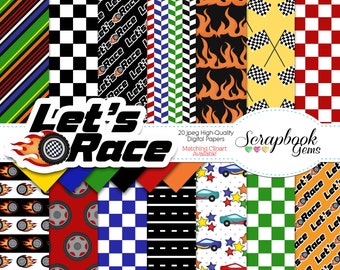 LET'S RACE Digital Papers, 20 Pieces, 12" x 12", High Quality JPEGs, Instant Download, race car, checkered flag, street light, racing, flame