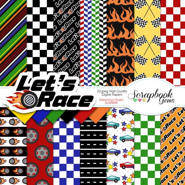 LET'S RACE Digital Papers, 20 Pieces, 12" x 12", High Quality JPEGs, Instant Download, race car, checkered flag, street light, racing, flame