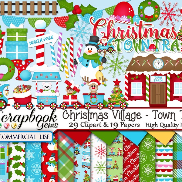 CHRISTMAS TOWN TRAIN Clipart & Papers Kit, 29 png Clipart files, 19 jpeg Paper files, Instant Download, santa, winter, railroad, candy, snow