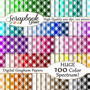 May include: A selection of digital gingham papers in shades of green, blue, purple, pink, red, and yellow. The image features the text "Scrapbook Gems" and "Digital Gingham Papers". The papers are high quality at 300 dpi and offer a "HUGE 100 Color Spectrum!"