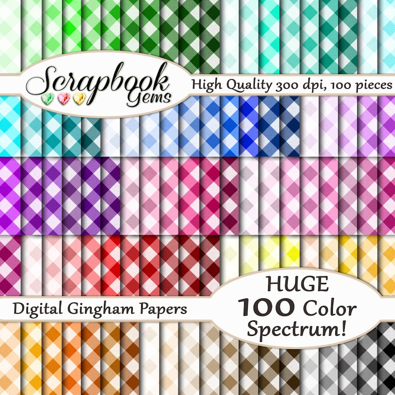 May include: A selection of digital gingham papers in shades of green, blue, purple, pink, red, and yellow. The image features the text "Scrapbook Gems" and "Digital Gingham Papers". The papers are high quality at 300 dpi and offer a "HUGE 100 Color Spectrum!"