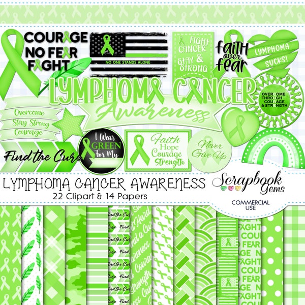 LYMPHOMA Cancer Awareness Clipart & Papers Kit, 22 png Clipart files, 14 jpeg Paper files, Instant Download, lime green awareness ribbon