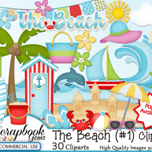 THE BEACH (Kit #1) Clipart, 30 png Clipart files, Instant Download kid crab sea ocean surf waves sand beach sailboat coconut tree seashell