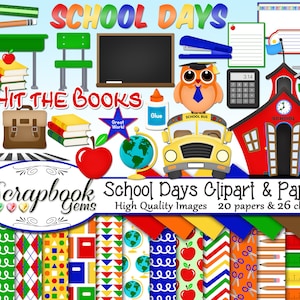 Puede incluir: Ilustración digital colorida con elementos escolares. Incluye un autobús escolar, una escuela, libros, lápices y los textos "SCHOOL DAYS" y "HIT THE BOOKS". También presenta papeles estampados y clipart.