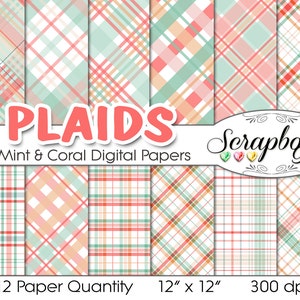 Plaid menta & Coral Digital Papers, 12 pezzi, 12 "x 12", file JPEG di alta qualità, Instant download commerciale uso scrapbook tartans ragazza