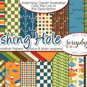 FISHING HOLE Digital Papers, 22 Pieces, 12&quot; x 12&quot;, High Quality JPEGs, Instant Download Commercial Scrapbook carp trout bass fisherman hooks