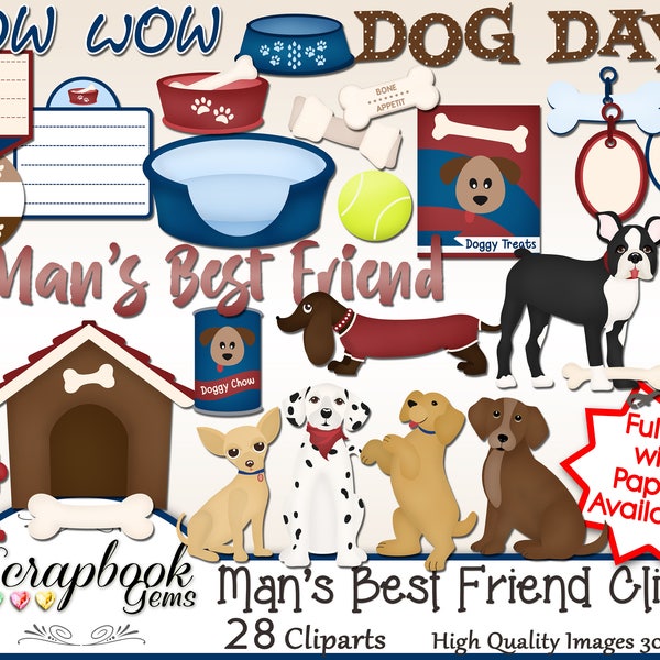 MAN'S BEST FRIEND Clipart, 28 png Clipart files, Instant Download paw prints bowl animals pets dog canine leash house tags golden retriever