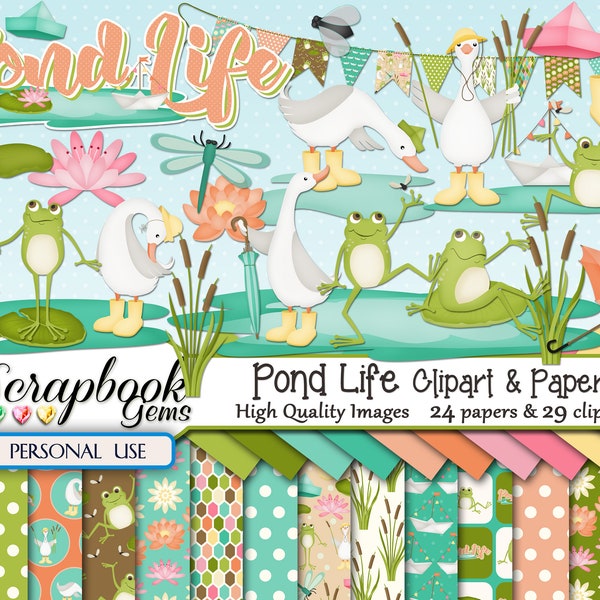 POND LIFE Clipart & Papers Kit, 29 png Clipart files, 24 jpeg Paper files, Instant Download lake duck goose geese frog toad spring nature