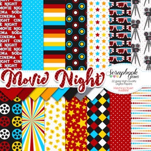 MOVIE NIGHT デジタルペーパー、22 枚、12 インチ x 12 インチ、高品質 JPEG、インスタントダウンロード カメラ ビデオ グラス 3D ポップコーン キャンディー サーカス フィルム