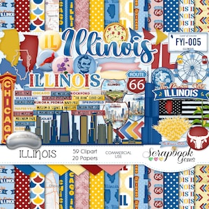 ILLINOIS Clipart e Kit de Papéis, 59 png Clip Arts, 20 jpeg Papéis Download Instantâneo Estados Unidos, willis tower chicago, metal bean, rota 66