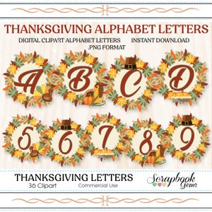 Thanksgiving Letters & Numbers Digital Clipart, 36 High Quality PNG files, Instant Download