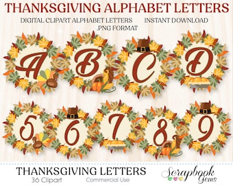 Thanksgiving Letters & Numbers Digital Clipart, 36 High Quality PNG files, Instant Download