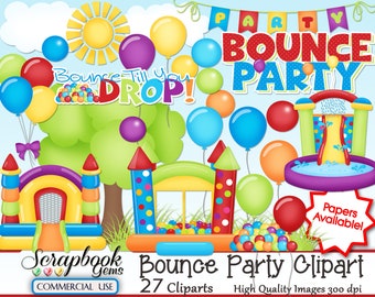 BOUNCE PARTY Clipart, 27 png Clipart files, Instant Download, bounce house, inflatable pool, balloon, birthday party, ball cage, water slide