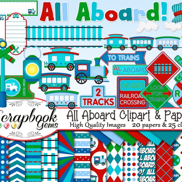 ALL ABOARD Train Clipart & Papers Kit, 25 png Clip arts, 20 jpeg Papers Instant Download railroad train tracks boys lads crossing traintrack