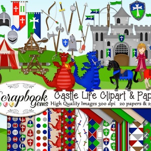 May include: A digital scrapbook paper pack with a castle theme. The pack includes 20 papers and 29 clipart images. The clipart includes a castle, a dragon, a knight, a princess, and other medieval elements. The papers feature various patterns and colours, including red, green, blue, and gold.