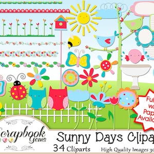 May include: A digital illustration featuring a sunny day theme with various clip art elements. Includes a smiling sun, birds, butterflies, flowers, owls, and a ladybug. The text reads "Sunny Days Clipart" and "Full Kit with Papers Available!"