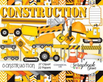 CONSTRUCTION Clipart and Papers Kit, 27 png Clip arts, 22 jpeg Papers Instant Download tractor crane cone bulldozer tools hammer screwdriver