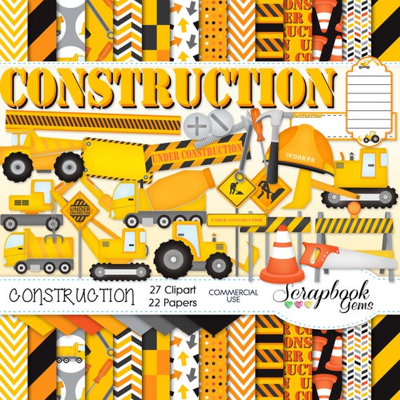 CONSTRUCTION Clipart and Papers Kit, 27 png Clip arts, 22 jpeg Papers Instant Download tractor crane cone bulldozer tools hammer screwdriver