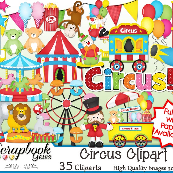 CIRCUS Clipart, 35 png Fichiers Clipart Téléchargement instantané clown éléphant de mer jeux fête d’anniversaire ballon d’amusement parc à thème carnaval canon