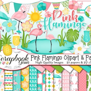 Clipart de flamant rose et Kit de papiers, 27 png Clip-Arts, jpeg 21 papiers Instant Download station beauté jour spa boissons tropicales ananas étang