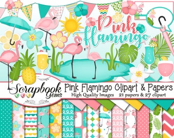 PINK FLAMINGO Clipart and Papers Kit, 27 png Clip Arts, 21 jpeg Papers Instant Download resort beauty day spa tropical drinks pineapple pond