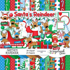SANTA'S REINDEER Clipart and Papers Kit, 39 png Clip arts, 24 jpeg Papers Instant Download Schneemann Rentier Schlitten Kamin Winter Schornstein